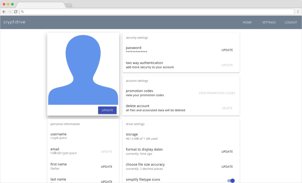 a screenshot of cryptdrive.io's settings panel